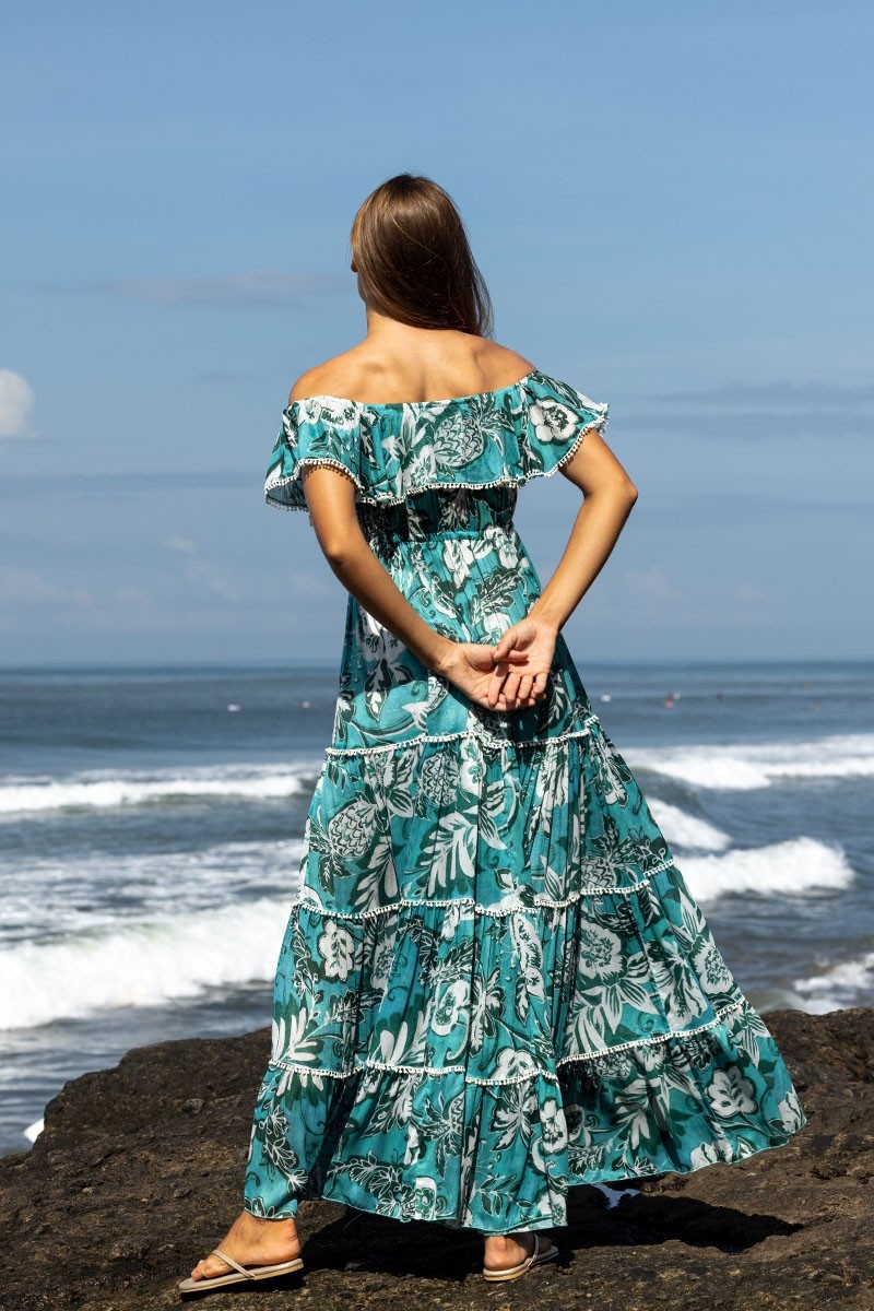Long Dress Erica - green/blue - floral print - bohemian style - off-the-shoulder - Miss June Paris - 4