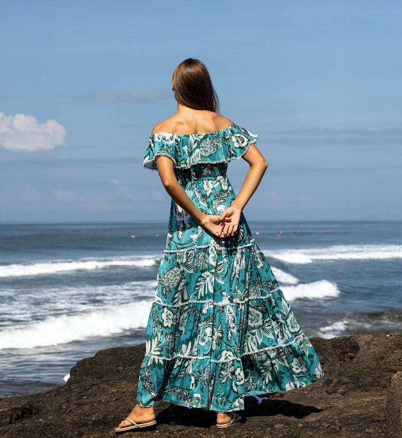 Long Dress Erica - green/blue - floral print - bohemian style - off-the-shoulder - Miss June Paris - 4