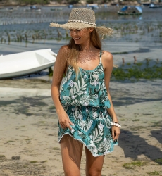 Mini Dress Lily – green – white floral print – with straps – bohemian style – Miss June Paris – 1