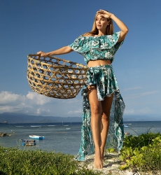 Jupe Asymetrique Izzy - verte - imprimé blanc fleuri - style bohème - Miss June Paris - 1