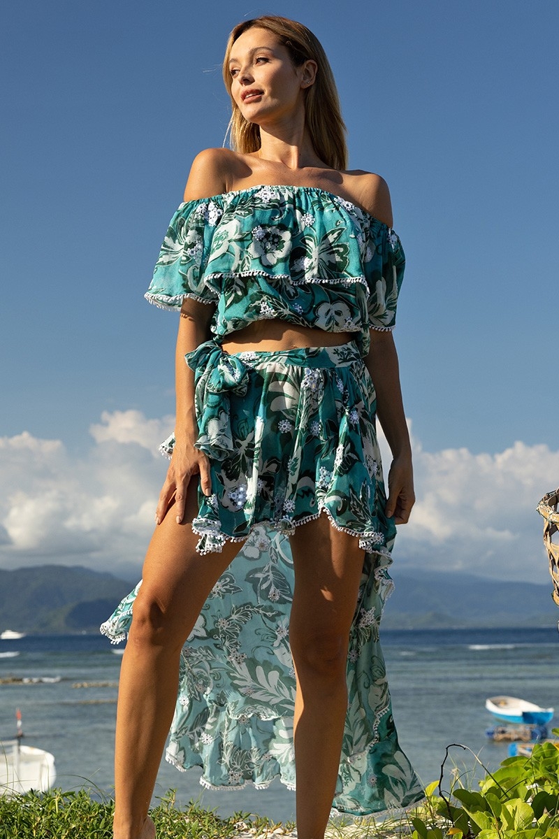 Off-Shoulder Top Thea – green – white floral print – bohemian style – Miss June Paris – 2