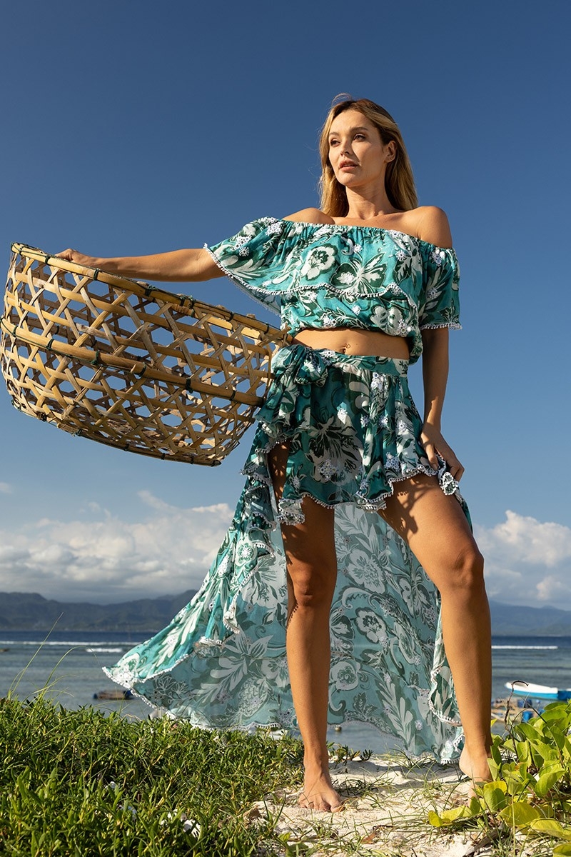 Top à Épaules Dénudées Thea - verte - imprimé blanc fleuri - style bohème - Miss June Paris - 3