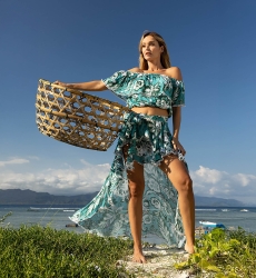 Top à Épaules Dénudées Thea - verte - imprimé blanc fleuri - style bohème - Miss June Paris - 3