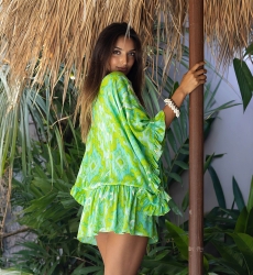 Mavis Mini Dress - Green - Long Sleeves - Decorated Plastron - Golden Details - Bohemian - Miss June Paris - 4