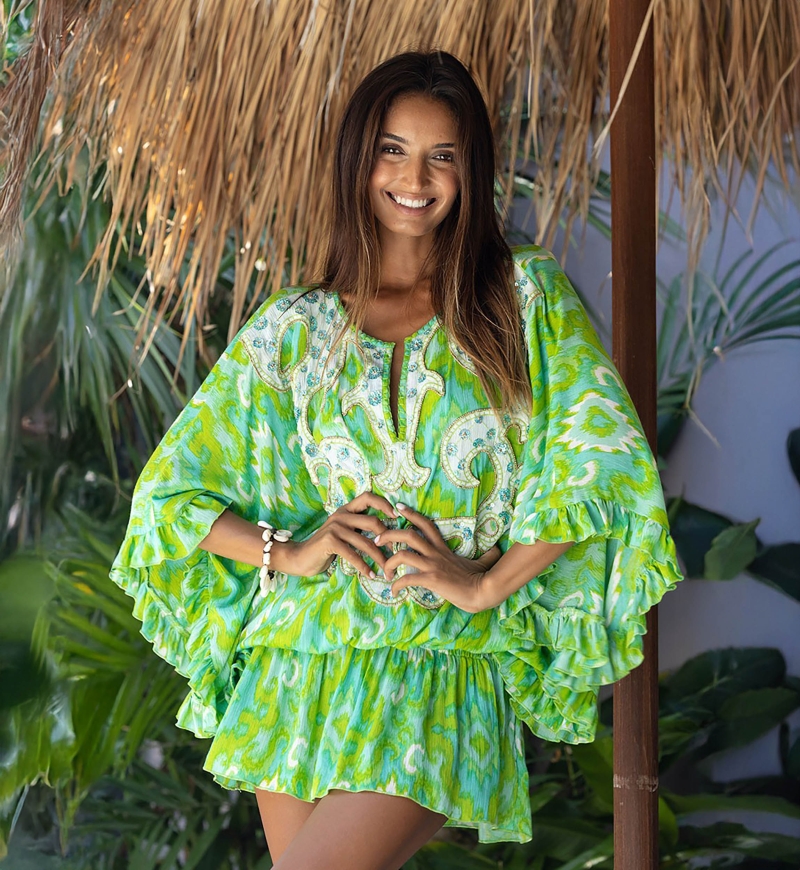 Mavis Mini Dress - Green - Long Sleeves - Decorated Plastron - Golden Details - Bohemian - Miss June Paris - 2