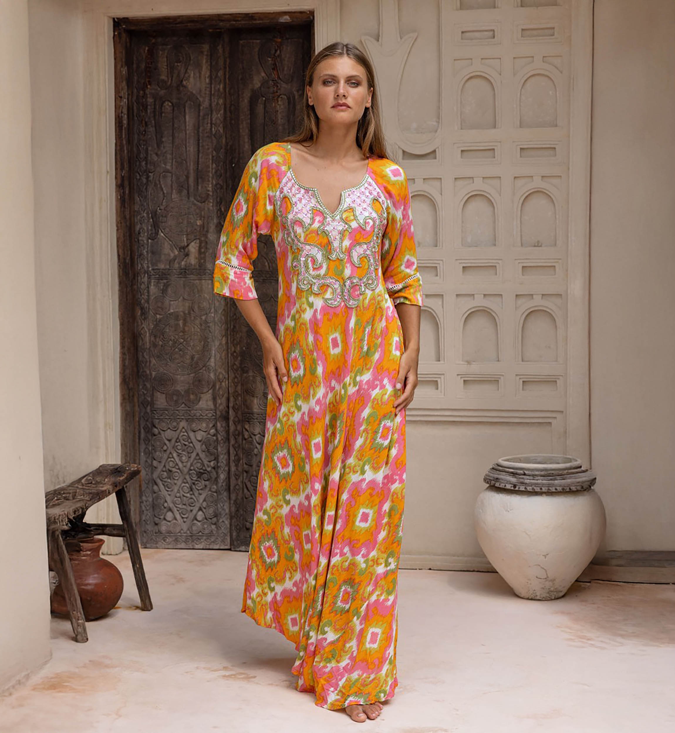 Marga Long Dress - orange - Decorated Plastron - Golden Details - Bohemian - Miss June Paris - 1