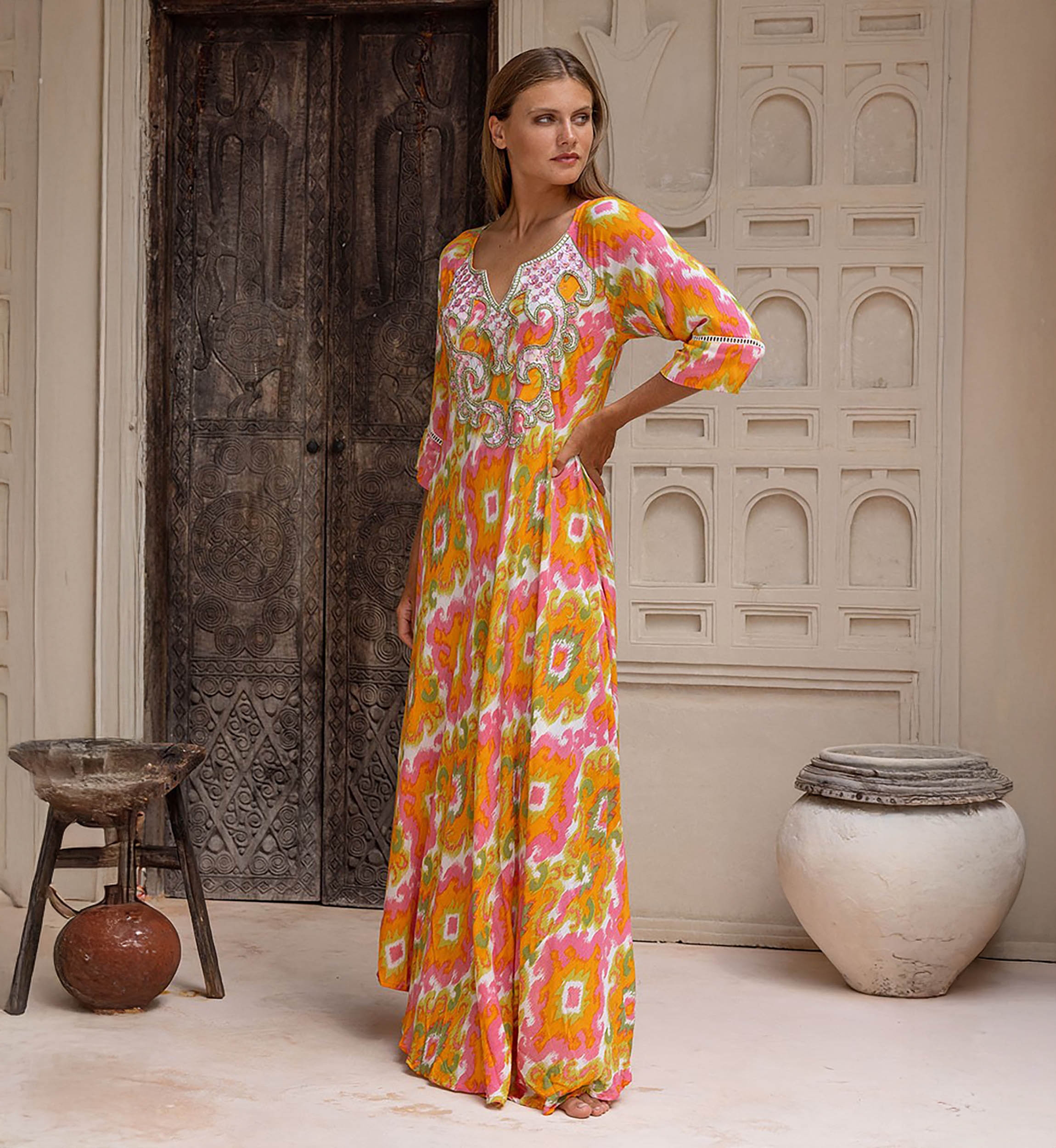 Marga Long Dress - orange - Decorated Plastron - Golden Details - Bohemian - Miss June Paris - 2