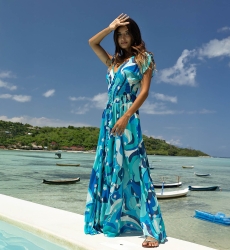 Long Dress Scarlett – blue/white – bohemian print – V-neck – smocked belt – Miss June Paris – 1