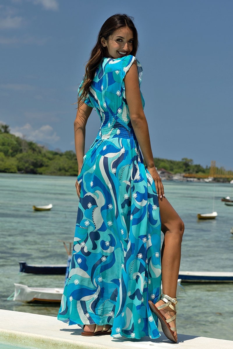 Long Dress Scarlett – blue/white – bohemian print – V-neck – smocked belt – Miss June Paris – 4