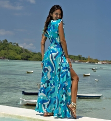 Long Dress Scarlett – blue/white – bohemian print – V-neck – smocked belt – Miss June Paris – 4