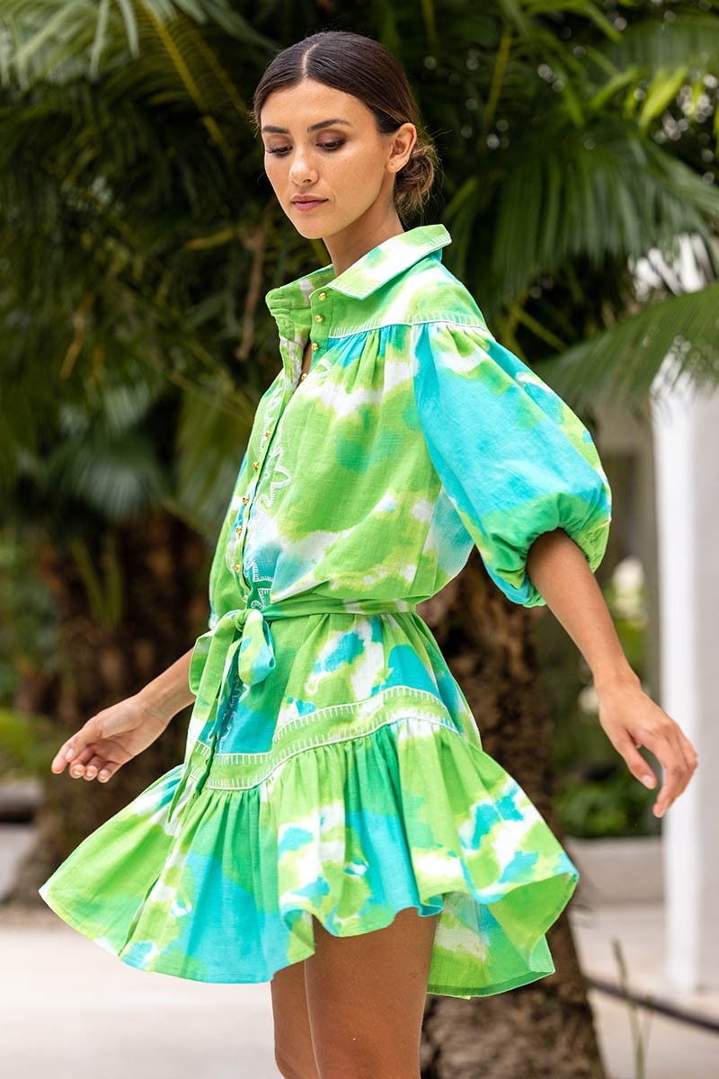 Robe Courte Victoria - verte/aqua -manche courte - motif tie & dye - ceinture assortie - bohème  - Miss June Paris - 2