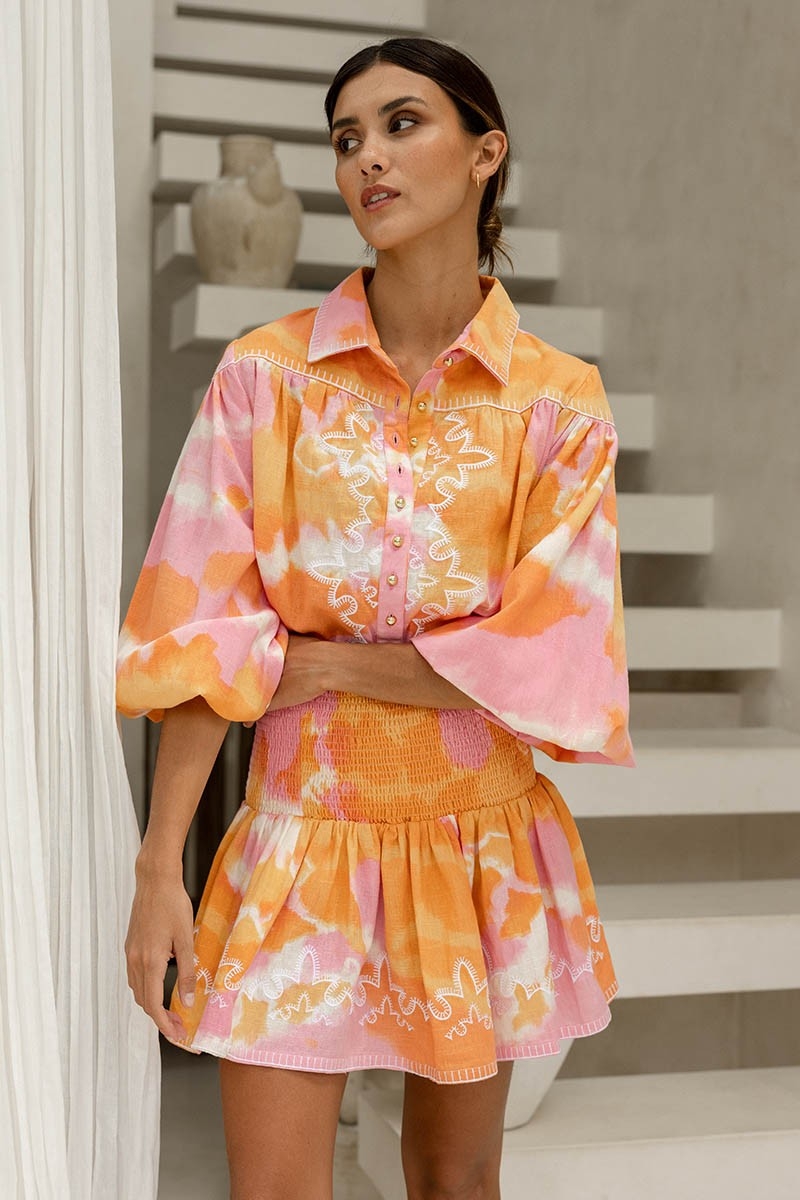 Shirt Hayley – pink/orange – puff long sleeves – tie & dye pattern – bohemian – Miss June Paris – 1