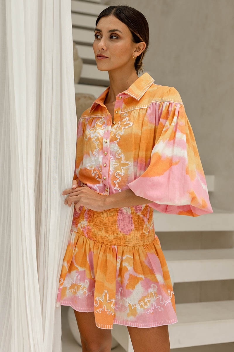 Chemise Hayley - rose/orange -manche longue bouffante - motif tie & dye - bohème  - Miss June Paris - 3