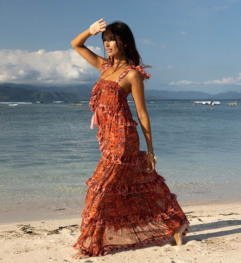 Robe Longue Vanessa - orange - motif fleuri - bretelles ajoustables - petits volants - boho chic - Miss June Paris - 2