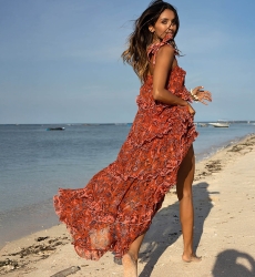 Vanessa Long Dress - Orange - Floral Pattern - Adjustable Straps - Small Ruffles - Boho Chic - Miss June Paris - 3