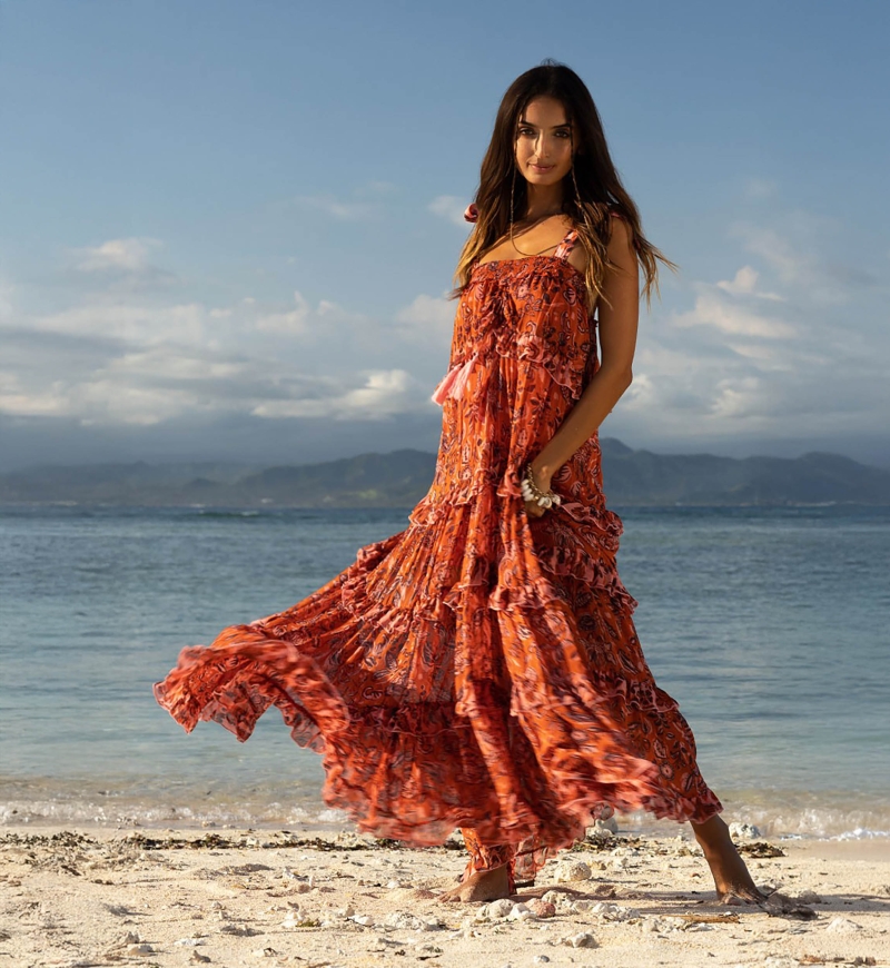 Vanessa Long Dress - Orange - Floral Pattern - Adjustable Straps - Small Ruffles - Boho Chic - Miss June Paris - 1