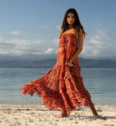 Robe Longue Vanessa - orange - motif fleuri - bretelles ajoustables - petits volants - boho chic - Miss June Paris - 1