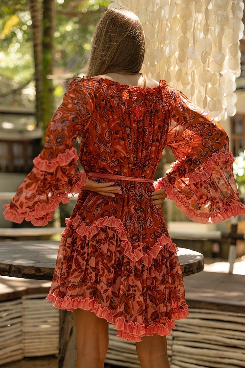 Vestido Corto Melissa - naranja - estampado floral - mangas largas - hombros descubiertos - boho - Miss June Paris - 3