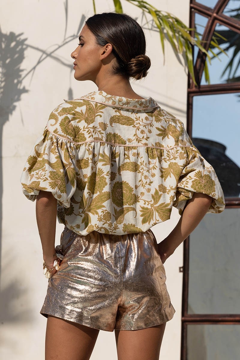 Blouse Demi - écru - imprimé cachemire kaki - encolure en V - noué sous la poitrine - manche courte - Miss June Paris - 4