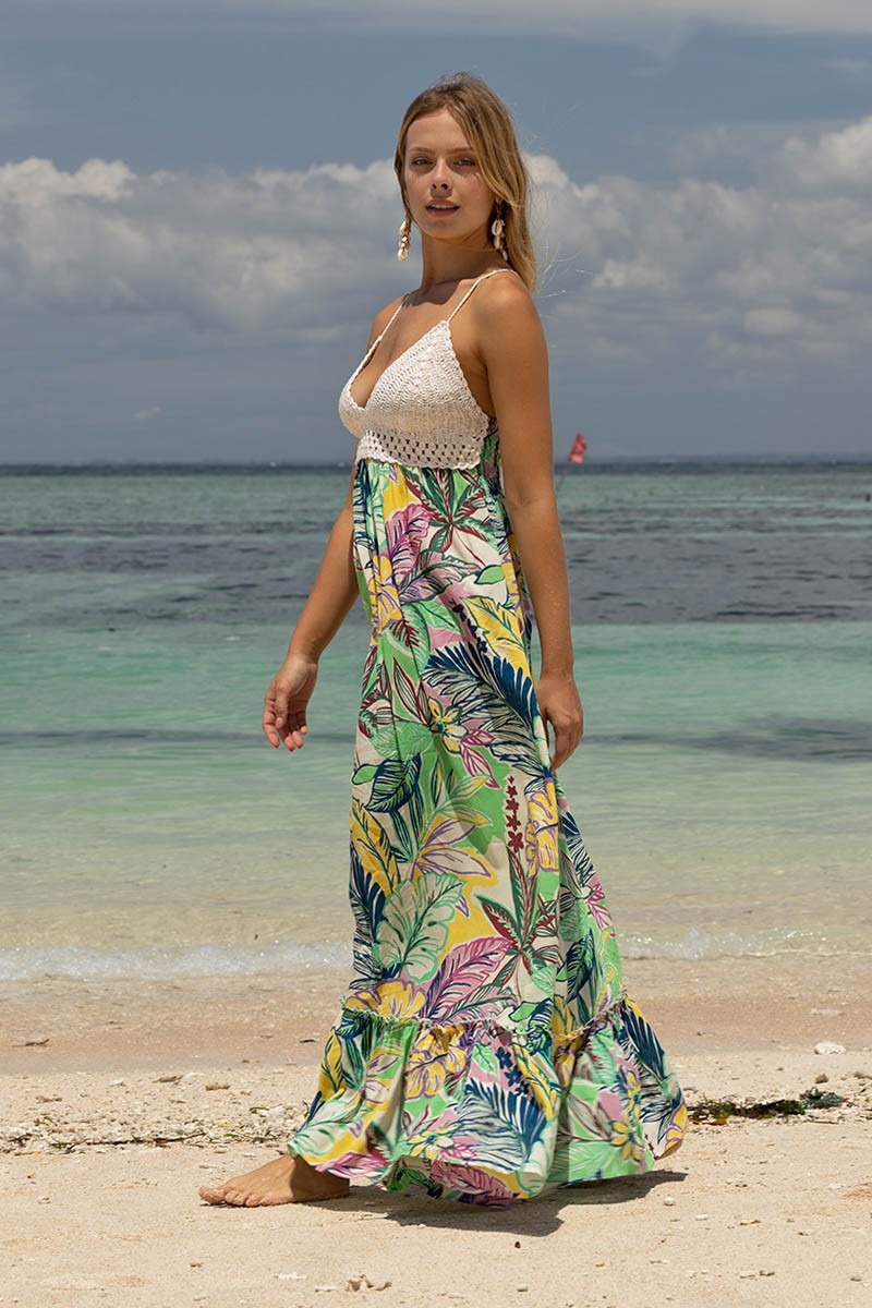 Long Dress Mencia - multicolored - crochet top - thin straps - V-neckline - bohemian - Miss June Paris - 2