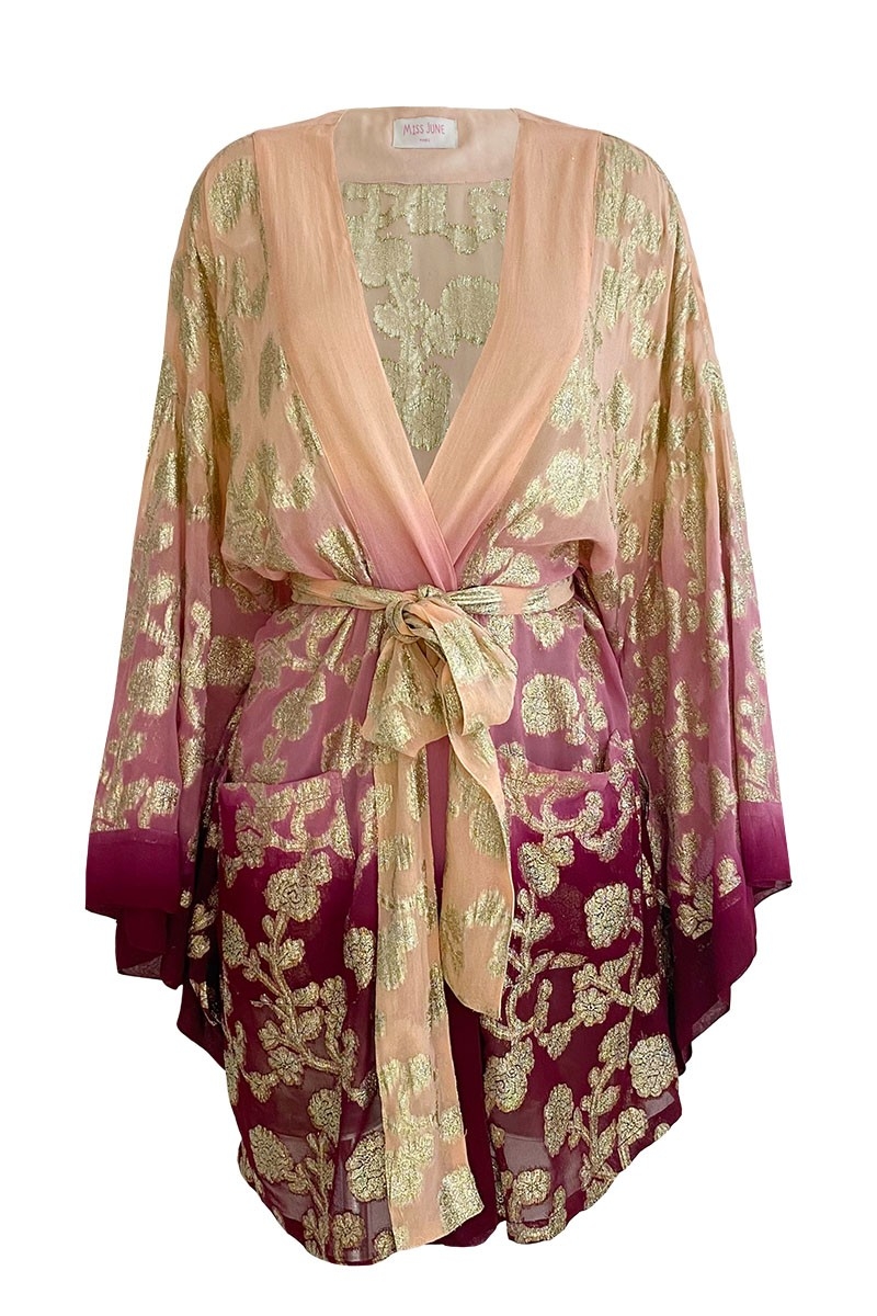 Short Kimono Leny – peach/burgundy – golden details – lurex – bohemian – Miss June Paris – 5