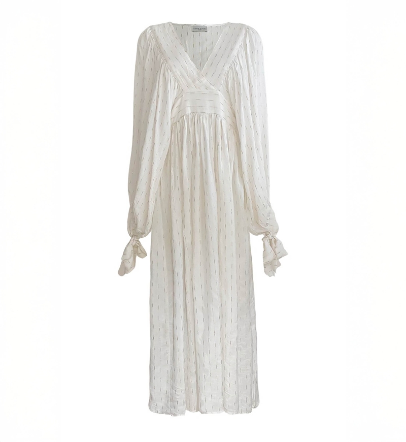 Long Dress Angie – white – long sleeves – V-neck – bohemian – adjustable belt – Miss June Paris – 5