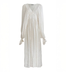 Vestido Largo Angie – blanco – mangas largas – escote en V – bohemio – cinturón ajustable – Miss June Paris – 5