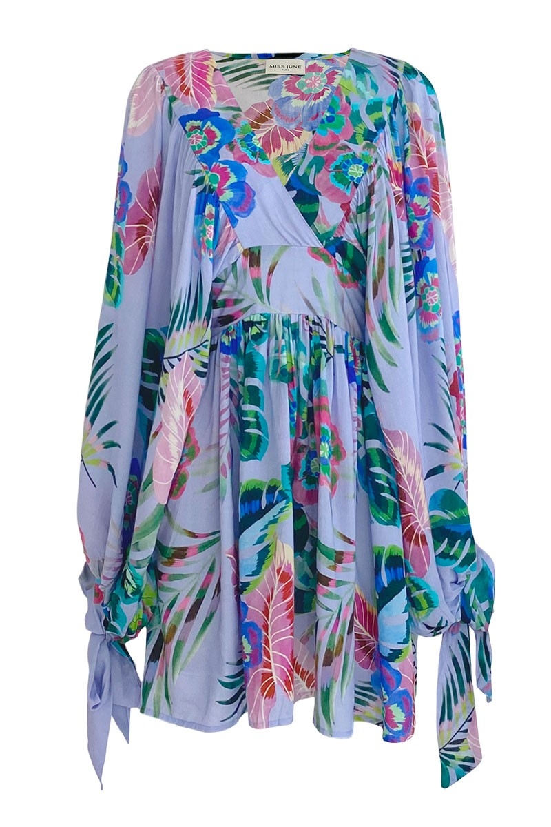 Robe Courte Falone - violet pastel - imprimé fleuri - manches longues - col V - Miss June Paris - 5