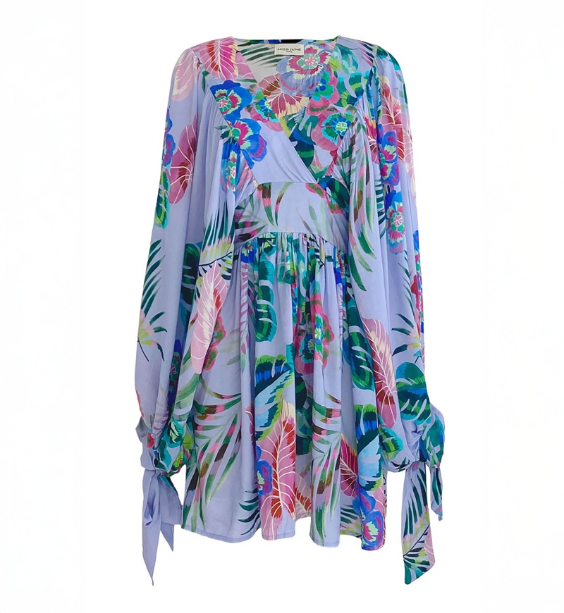 Short Dress Falone – pastel purple – floral print – long sleeves – V-neck – Miss June Paris – 5