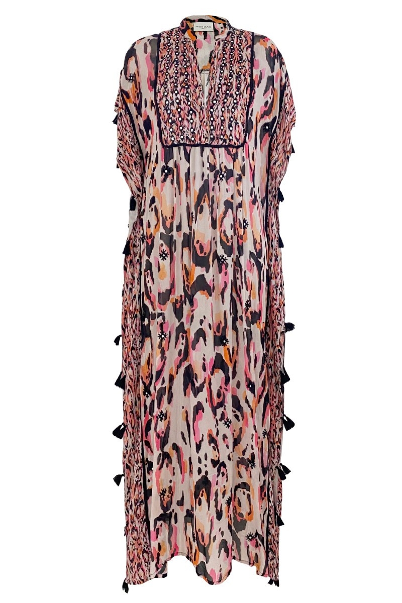 Long Caftan Roberta - multicolor - short sleeves - V-neck - boho style - Miss June Paris - 3