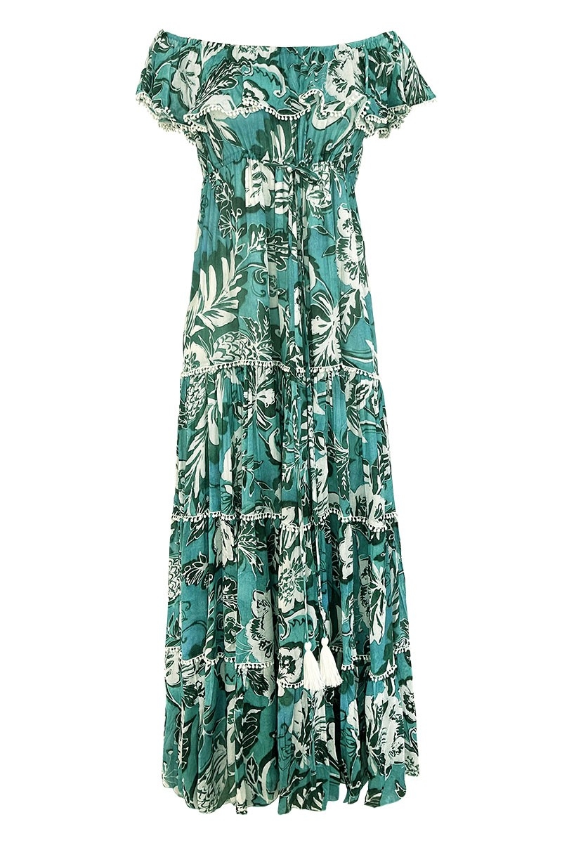 Long Dress Erica - green/blue - floral print - bohemian style - off-the-shoulder - Miss June Paris - 5