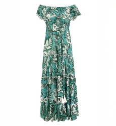 Long Dress Erica - green/blue - floral print - bohemian style - off-the-shoulder - Miss June Paris - 5