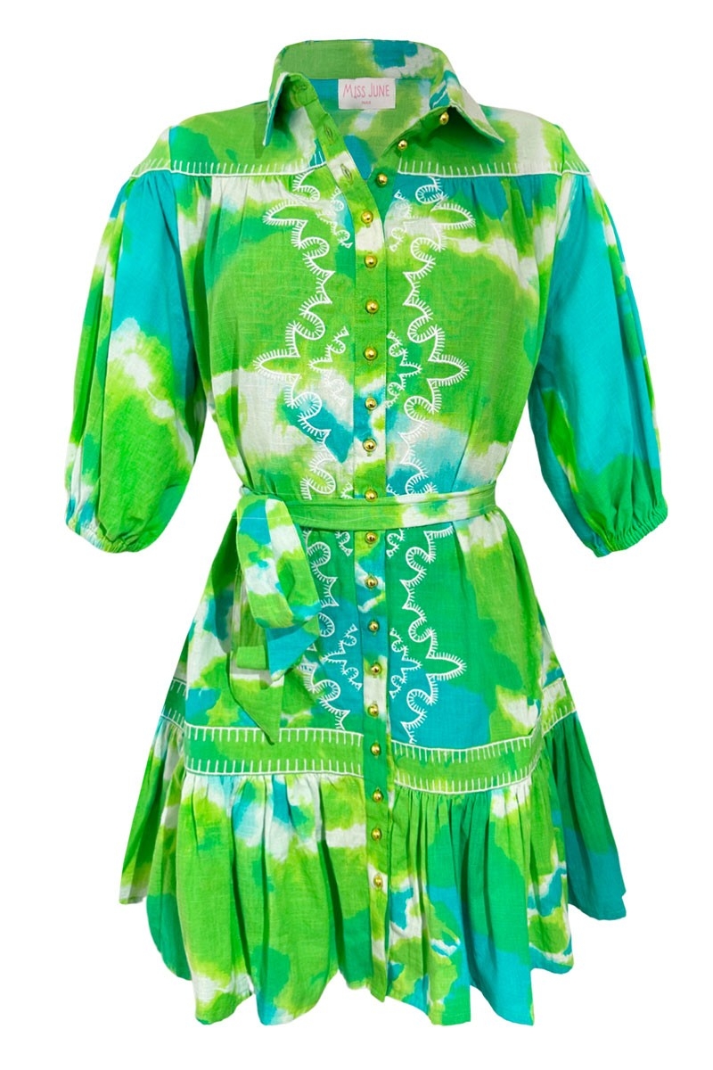 Vestido Corto Victoria – verde/agua – manga corta – estampado tie-dye – cinturón a juego – bohemio – Miss June Paris – 5