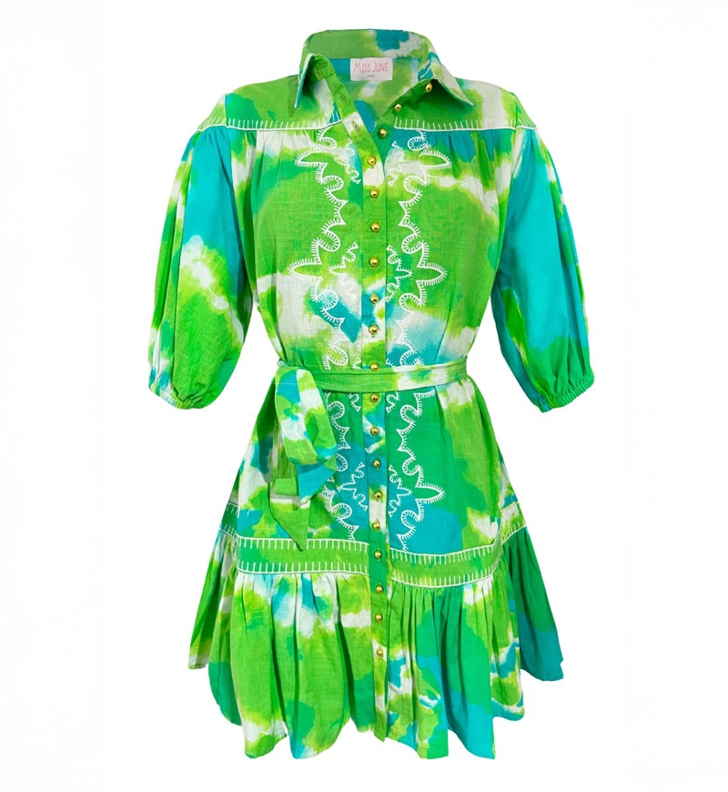 Robe Courte Victoria - verte/aqua -manche courte - motif tie & dye - ceinture assortie - bohème  - Miss June Paris - 5