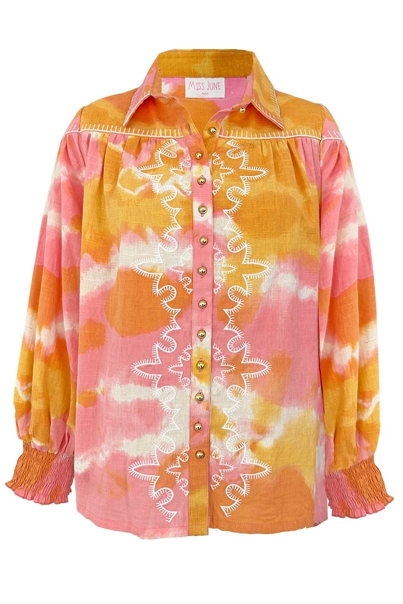 Camisa Hayley – rosa/naranja – mangas largas abullonadas – estampado tie-dye – bohemio – Miss June Paris – 5