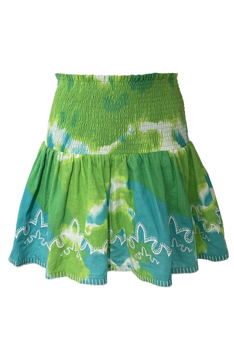 Skirt Lelya – green/aqua – embroidered details – smocked style – tie & dye pattern – bohemian – Miss June Paris – 5