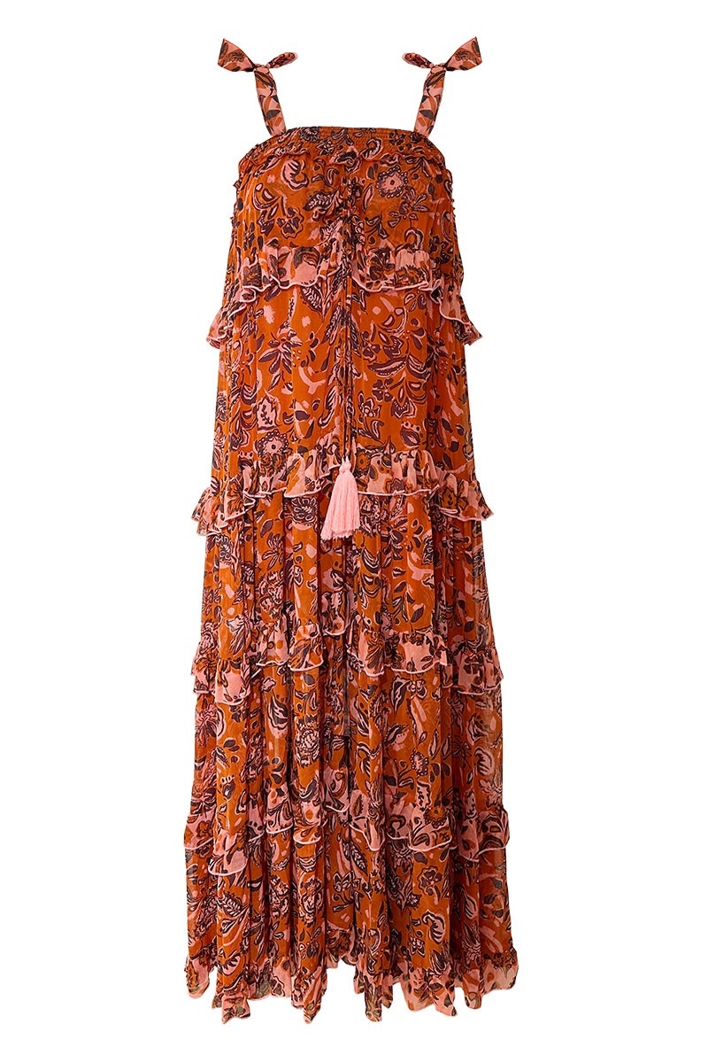 Vanessa Long Dress - Orange - Floral Pattern - Adjustable Straps - Small Ruffles - Boho Chic - Miss June Paris - 5