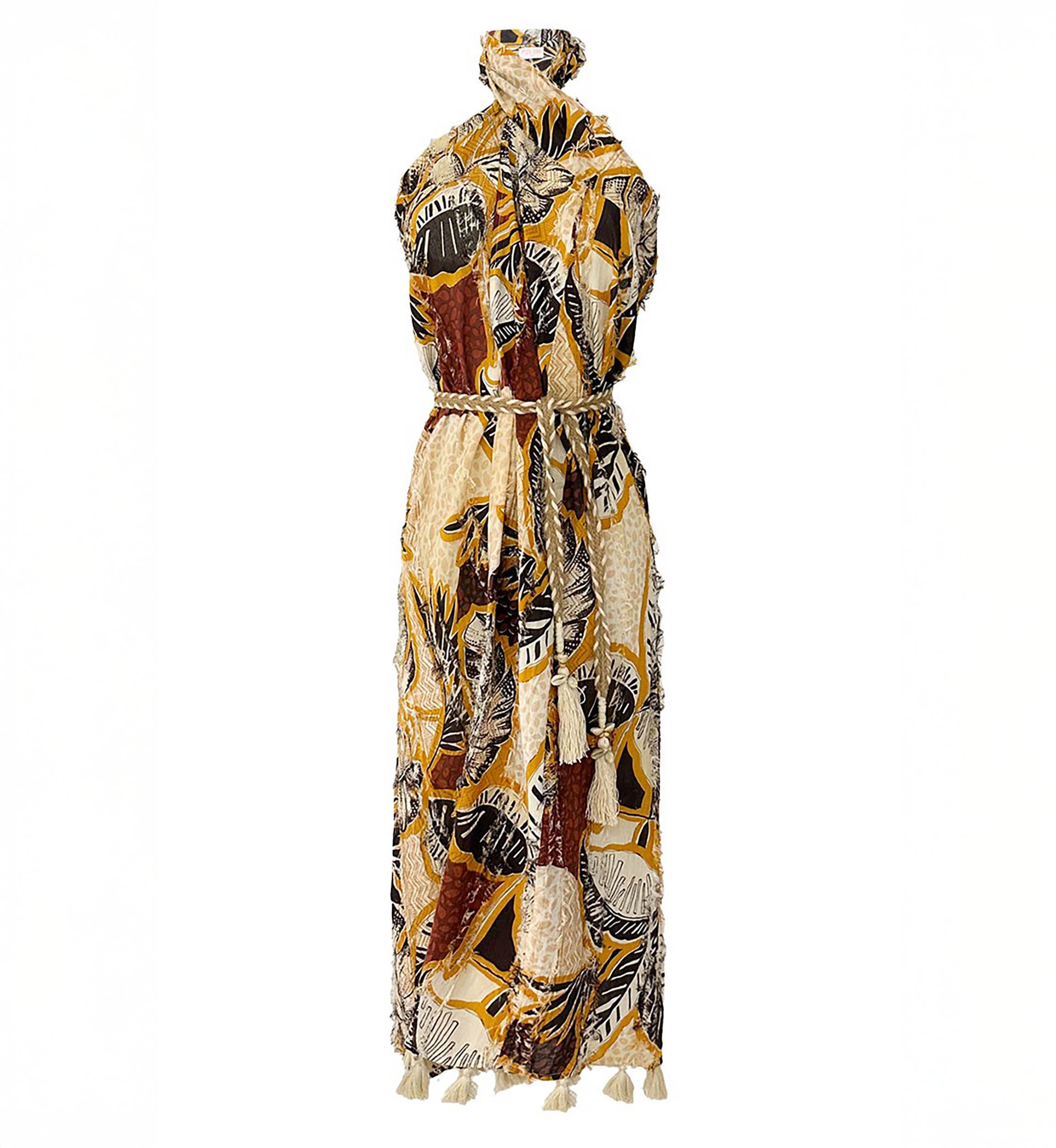 Long Dress Sarah - brown/mustard - tropical print - matching belt - boho - Miss June Paris - 3