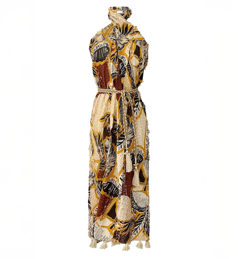 Long Dress Sarah - brown/mustard - tropical print - matching belt - boho - Miss June Paris - 3