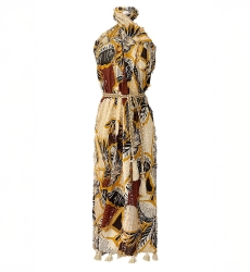 Long Dress Sarah - brown/mustard - tropical print - matching belt - boho - Miss June Paris - 3