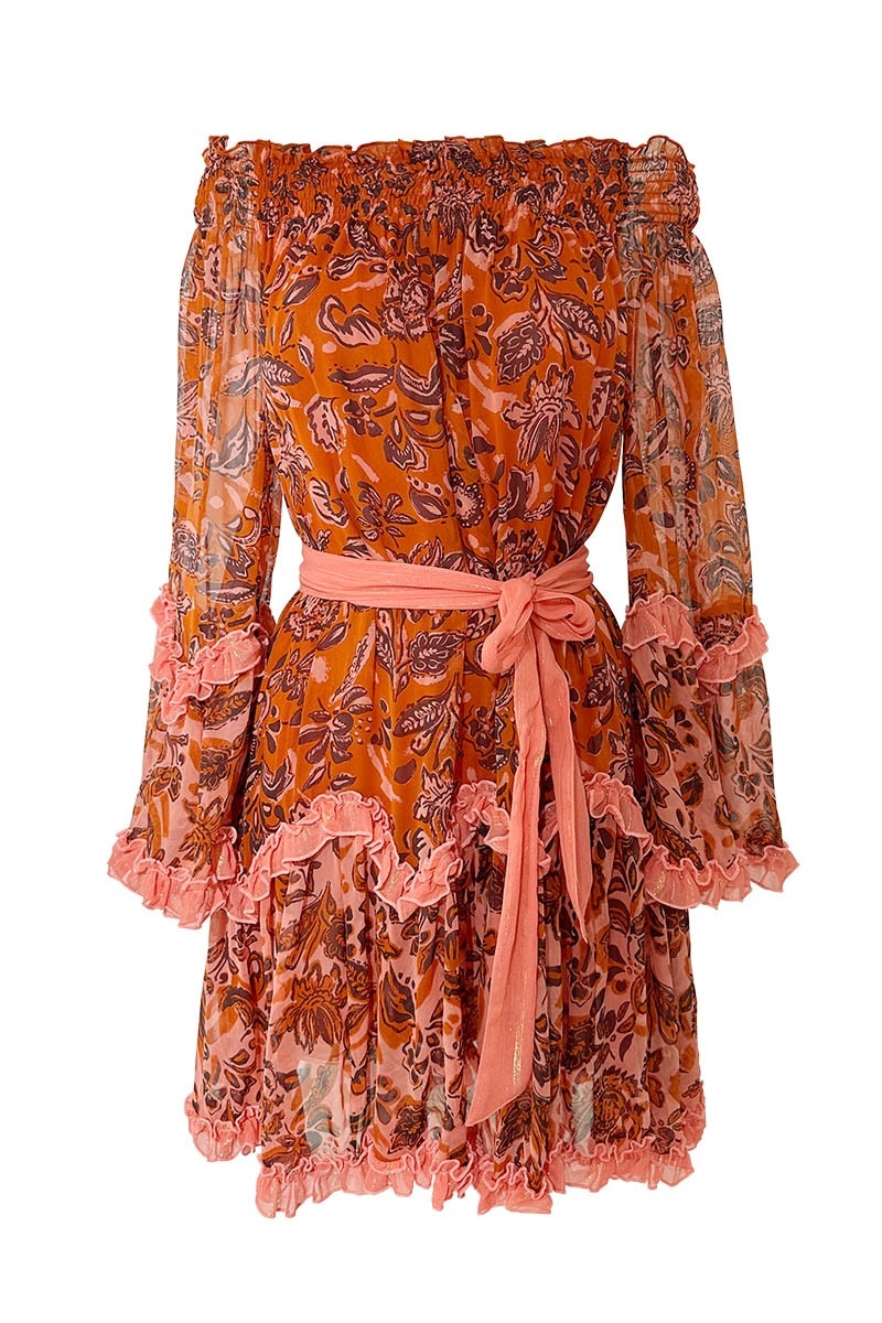 Short Dress Melissa - orange - floral print - long sleeves - off-the-shoulder - boho - Miss June Paris - 5