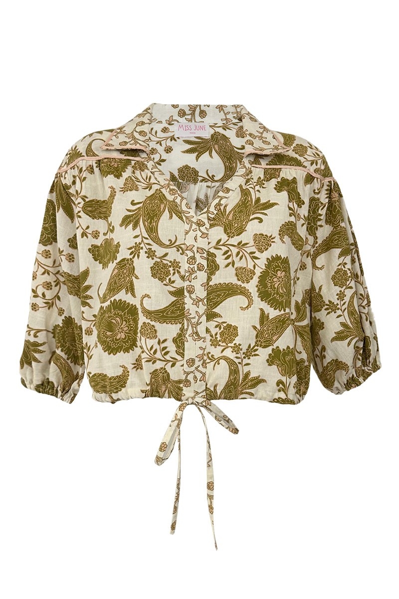 Blusa Demi - crudo - estampado cachemira caqui - escote en V - anudada bajo el pecho - mangas cortas - Miss June Paris - 3