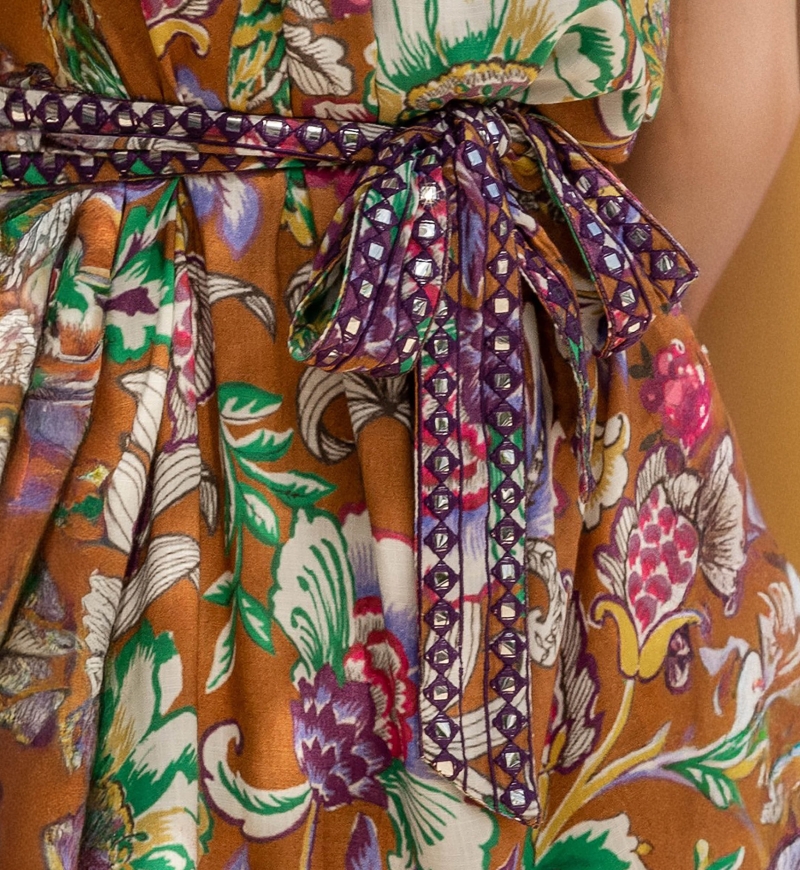 Long Dress Wallis - brown/multicolor - decorated with small mirrors - matching belt - Miss June Paris - 7