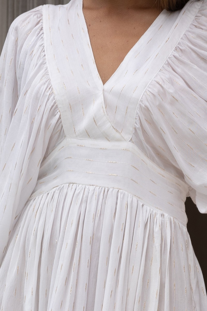 Long Dress Angie – white – long sleeves – V-neck – bohemian – adjustable belt – Miss June Paris – 7