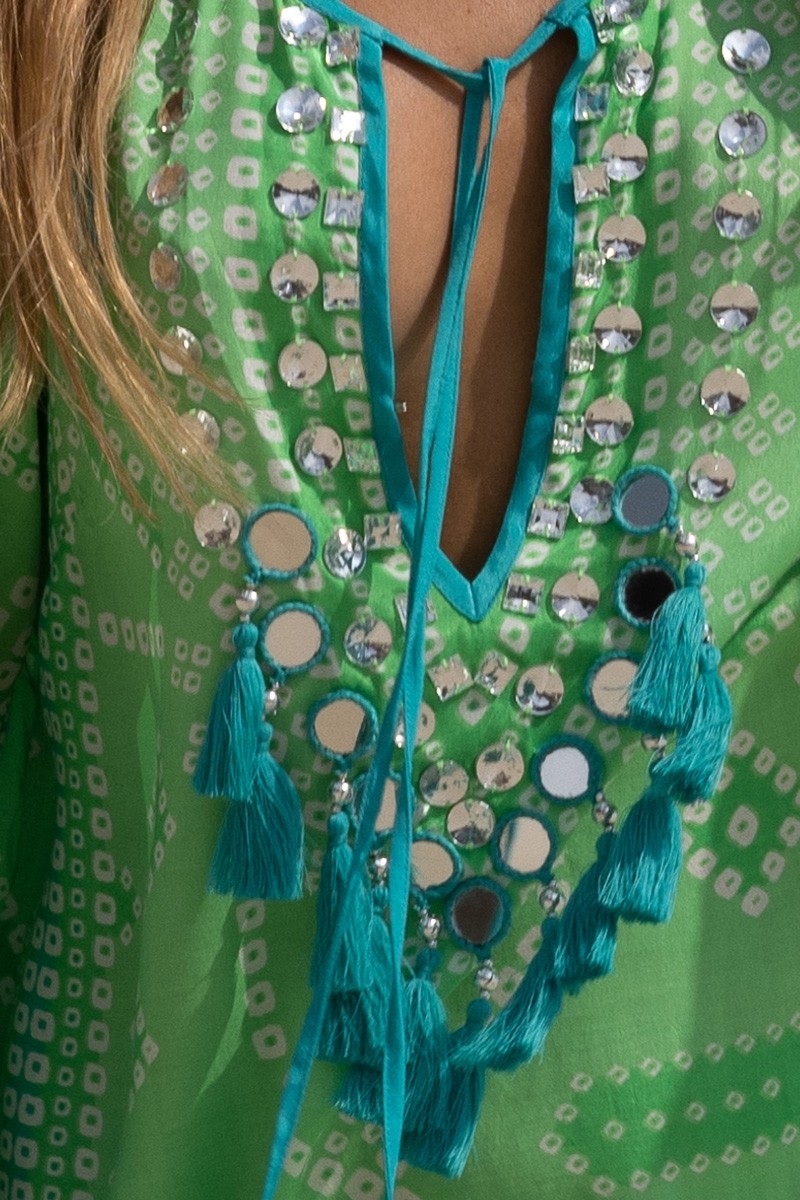 Vestido Largo Jorja - verde - pechera decorada - mangas largas - bohemio - Miss June Paris - 6