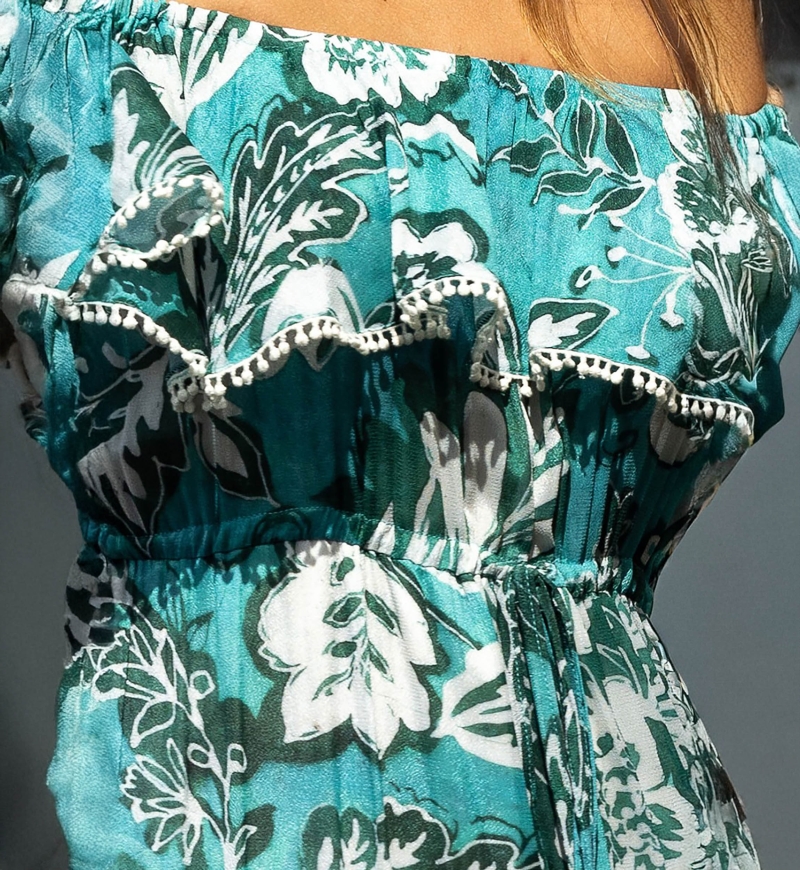 Robe Longue Erica - vert/bleu - imprimé fleuri - style bohème - épaules dénudées - Miss June Paris - 6