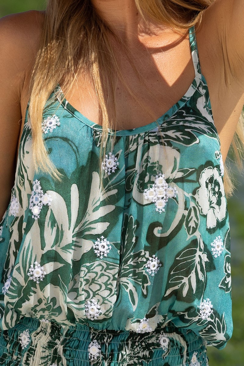 Mini Dress Lily – green – white floral print – with straps – bohemian style – Miss June Paris – 8