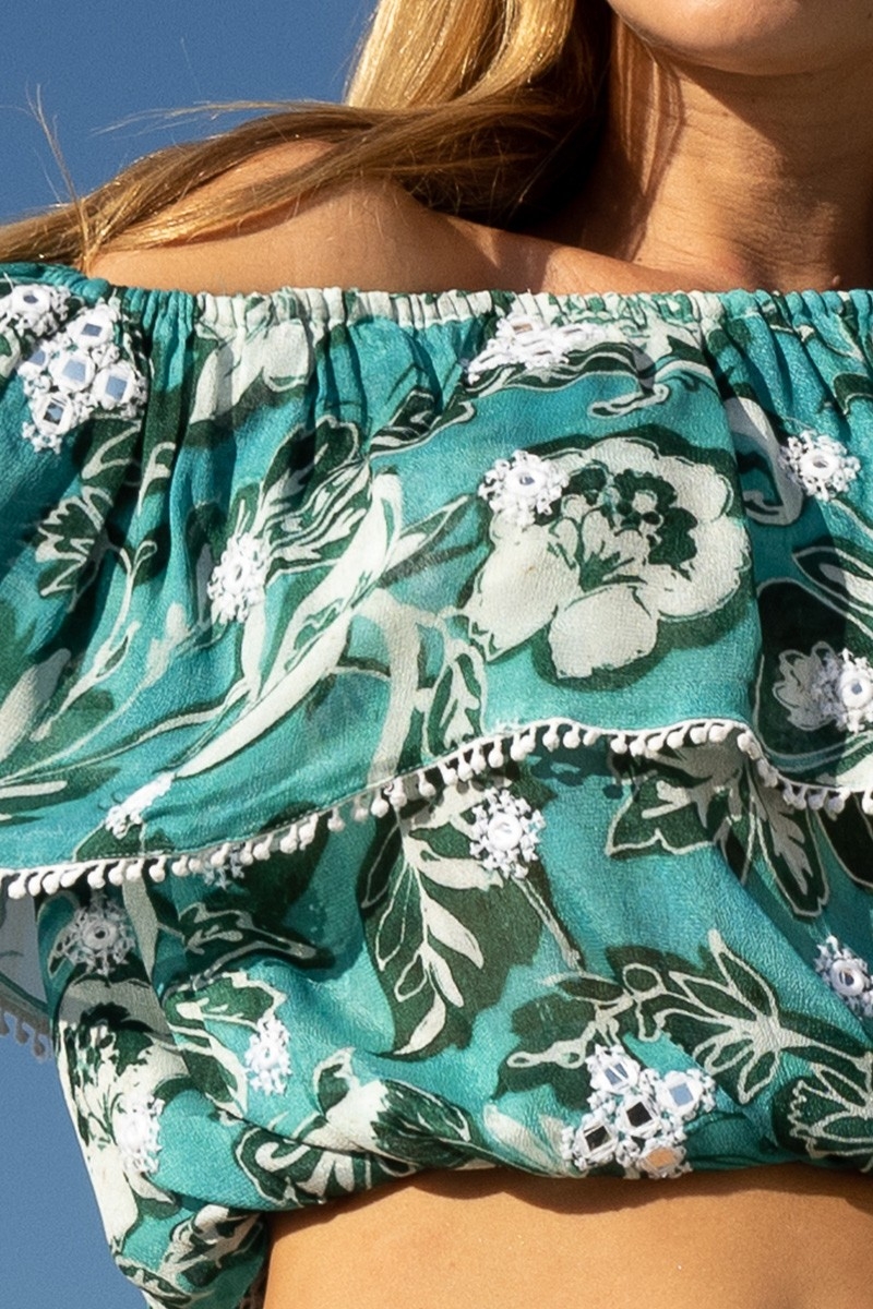 Off-Shoulder Top Thea – green – white floral print – bohemian style – Miss June Paris – 7