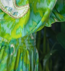 Mavis Mini Dress - Green - Long Sleeves - Decorated Plastron - Golden Details - Bohemian - Miss June Paris - 7