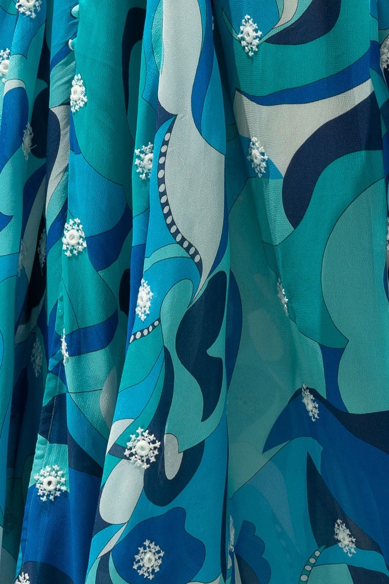 Long Dress Scarlett – blue/white – bohemian print – V-neck – smocked belt – Miss June Paris – 5